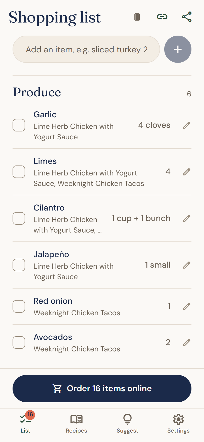 The shopping list, grouped by store department, each item naming the recipe it is for.
