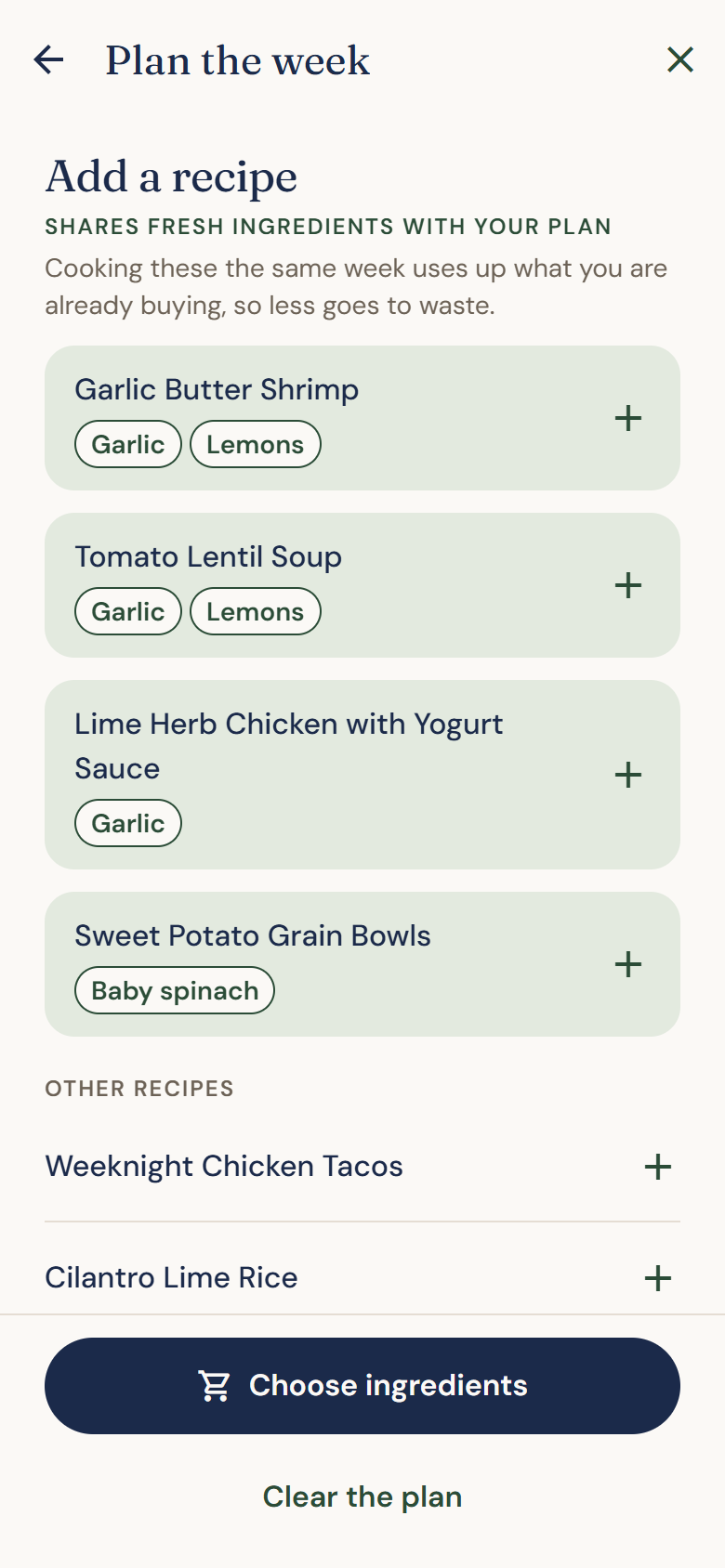 Planning the week: recipes that share fresh ingredients with the plan are shown first.