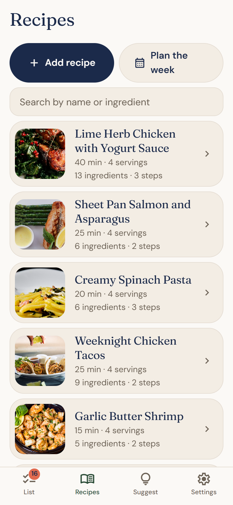 Saved recipes in Supperwell, each with a photo, how long it takes and how many it serves.