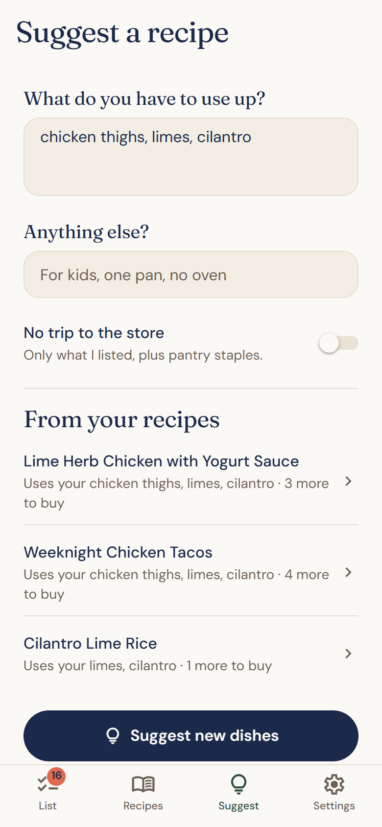 Suggest a recipe: type what you have to use up and see which recipes use it.